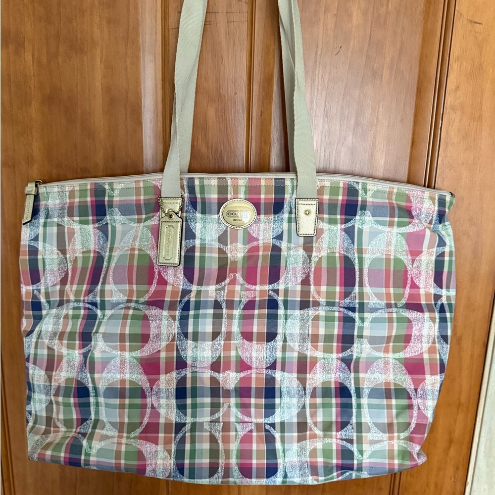 COACH Plaid Tote Bag with Beige Handles